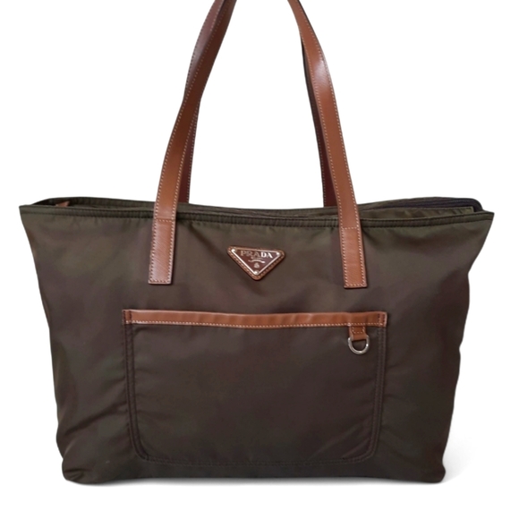 PRADA Vela Saffiano Leather Tessuto Tote Zip Green Enamel Triangle Logo Tan Bag - Picture 3 of 16